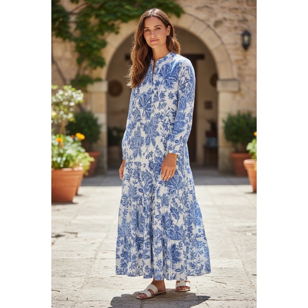 Yakira Bella Blue White Floral Toile Silk Blend Tiered Maxi Dress Womens Medium